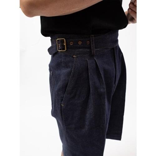Wash blue desized fadeless denim Gurkha loose straight leg shorts mens 5 cent slacks pants