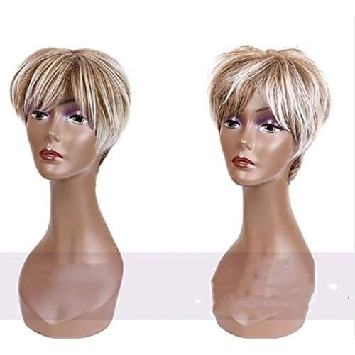 HAIRJOY Short Pixie Wig Layered Short Wig with Bangs Synthetic Hair Wigs for Women Blonde Mixed Brown Color