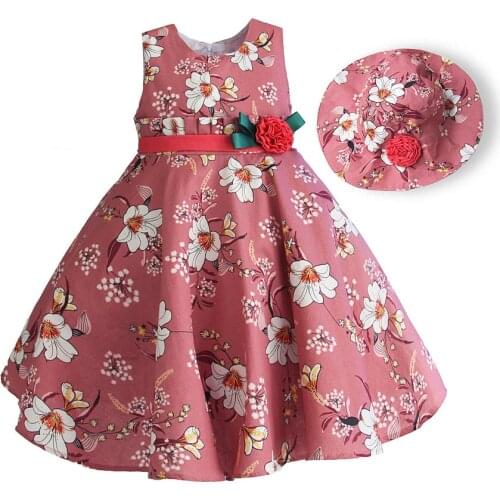 Hetiso Summer Girls Dresses with Hat Flower Print Children Clothes Fashion Bow School Wear vestidos 3-7T