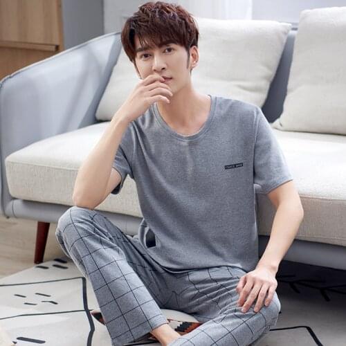 Gray Plaid Cotton Men Pajamas Set Sleepwear Short Sleeve Nightwear Pijamas Suit Sleep Set Casual Lougne 2PCS Nightwear PLUS SIZE