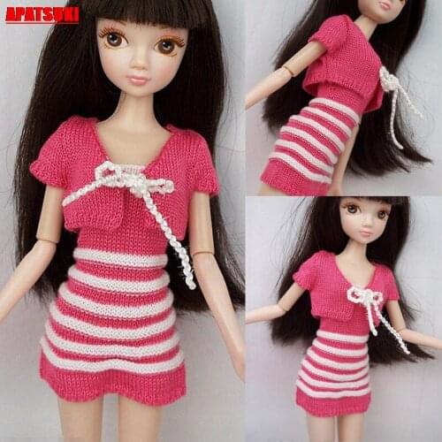 Pink White Stripe Short Mini Dress for Barbie Doll Clothes Daily Casual Wear Sweater Coat Dresses Outfit Costume For Barbie Doll