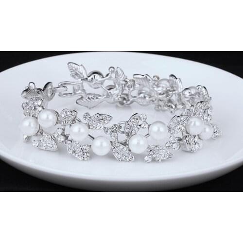 Mecresh Simulated Pearl Bridal Bracelets for Women Silver Color Crystal Friendship Bracelets & Bangles Wedding Jewelry SL089