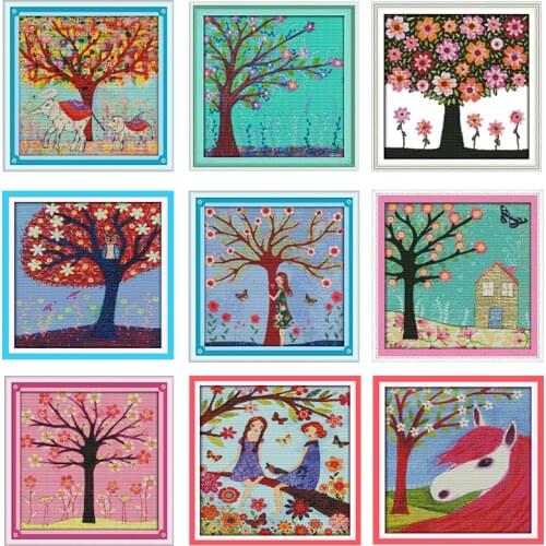 Spring yearning series hand-painted colorful tree pattern cross stitch kit 14ct 11ct cotton embroidery DIY handmade needlework