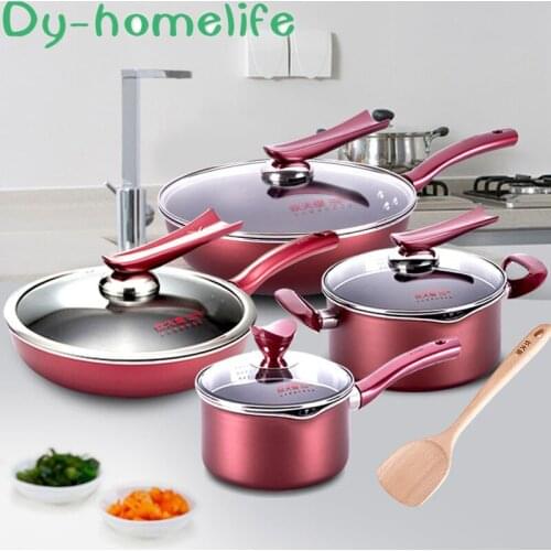 Non-stick Pan Combination Set Flat-bottom Wok Milk Pan Binaural Pan 4-piece Open Flame Induction Cooker Home Kitchen Supplies
