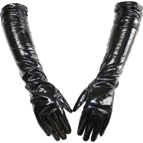 New Womens Long Patent Leather Gloves Black Elastic Style Cashmere Lining Fashion Gloves Temperament Mink Collocation
