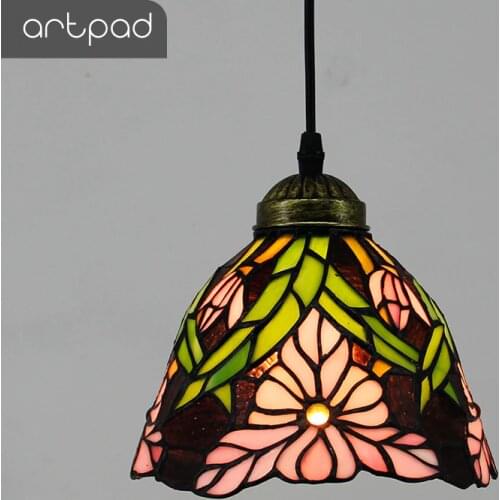 Artpad Modern Nordic Single Mosaic Pendant Lights Stained Glass Flower Lampshade Hanglamp Bedroom Living Room E27 Bulb Lighting