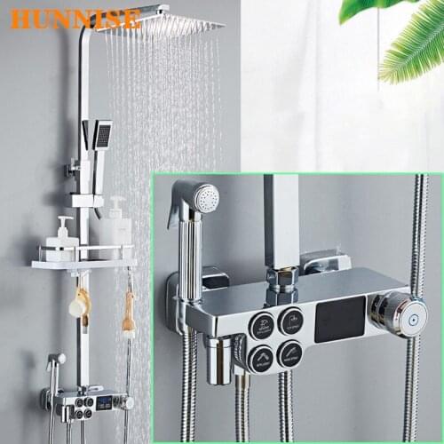 Thermostatic Shower Set HUNNISE Chrome Digtal Bathroom Shower System Rainfall Bathtub Faucets Wall Mounted Shower Mixer Sets