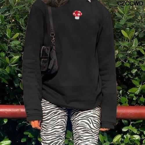 90s New Aesthetic Sweatshirts Streetwear Embroidery Mushroom Print Indie Long Sleeve Graphic Crewneck Fashion Clothes Hoodies