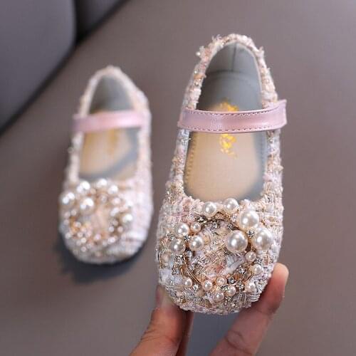Girls Shoes Pearls Princess Shoes Costume Tweed Baby Kids Children Mary Janes Shoes Plaid Bead Toddlers Non-slip Spring Autumn