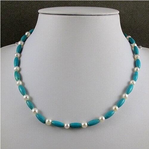 Unique Pearls jewellery Store,Blue Turquoises White Color Freshwater Pearl Necklace,Perfect Women Gift Jewelry