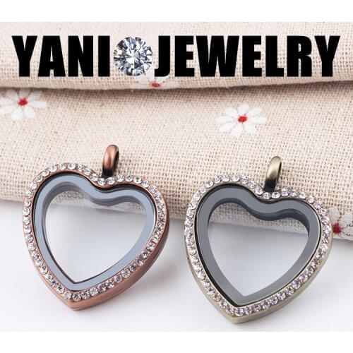 10pcs/lot Vintage Brass Bronze Floating Heart Locket Pendant With Rhinestones Magnetic Memory Photo Living Glass Locket