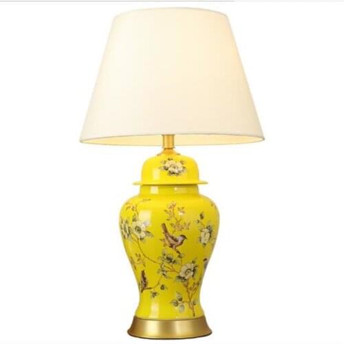 High End Birds Handmade Blue/Yellow Ceramic Fabric Adjustable Table Lamp for Living Room Bedroom Study Wedding Deco H 69cm 1656