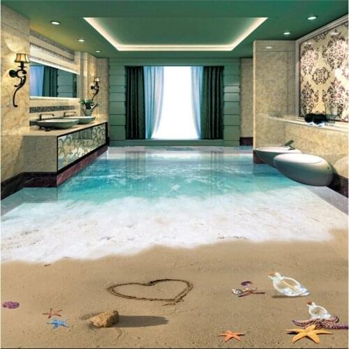 Wellyu Custom large-scale mural pvc floor beautiful romantic beach sea view 3D floor living room bedroom bathroom background