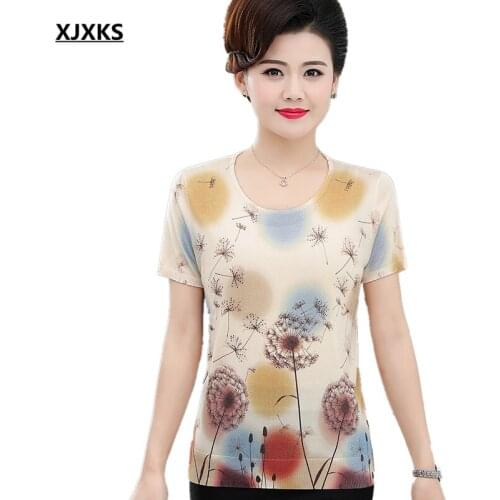 XJXKS High-end digital printing women T-shirt 2021 summer new loose plus size round neck short-sleeved top women knitted T-shirt