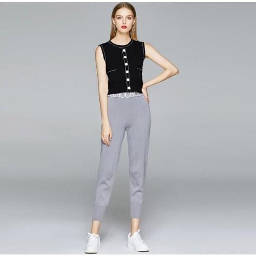 Womens Summer Suit Commuter Simple Wind Round Neck Pocket Stitching Sleeveless Top + High Waist Pants Female Sets X318