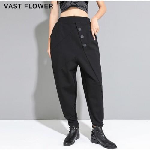Black Button High Waist Harem Pants Women 2021 New Spring Autumn Pockets Loose Casual Trousers Pantalon Femme Fashion Streetwear