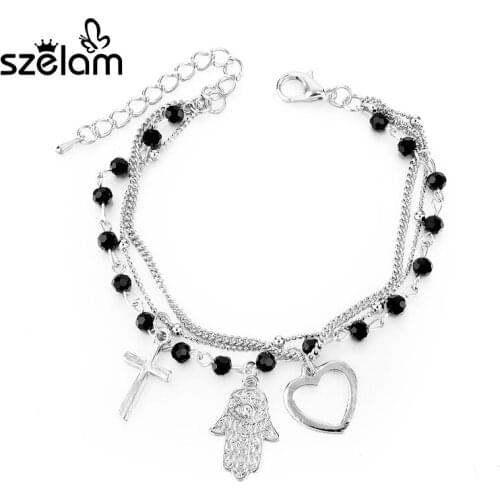 Szelam 2019 Gold Link Chain Bracelets Bangles With Black Crystal Stones Hamsa Hand Bracelets Femme Vintage Jewelry SBR160050