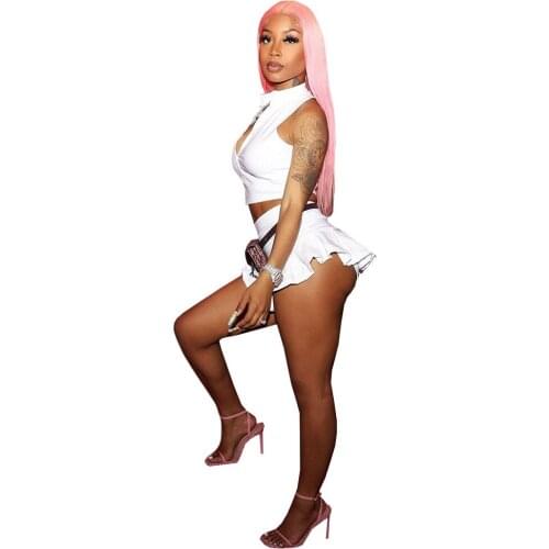 2021 Best Match Solid Sexy Two Piece Tracksuit Club Outfits For Women Sets Clothing Vest Crop Top Pleated Skirts Sweet Girl