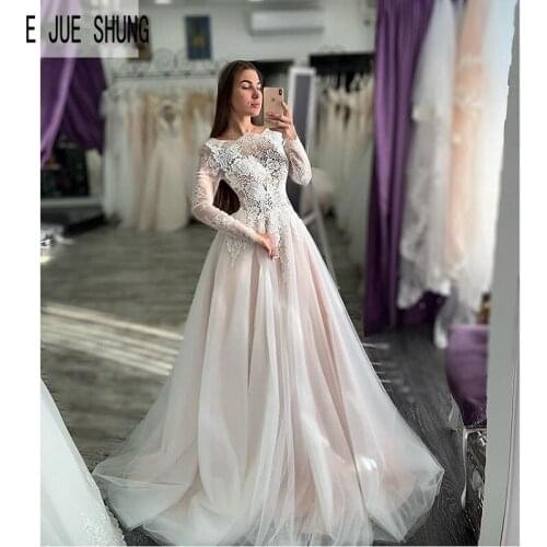 E JUE SHUNG New Vintage Wedding Dresses Long Sleeves Lace Appliques Button Back Pink lining Bridal Gowns A Line vestido de noiva