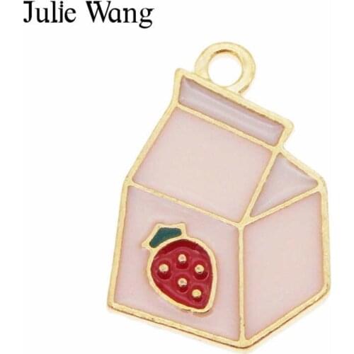 Julie Wang 10pcs Enamel Pink Strawberry Milk Carton Charms Alloy Gold Tone Pendant Necklace Bracelet Jewelry Making Accessory