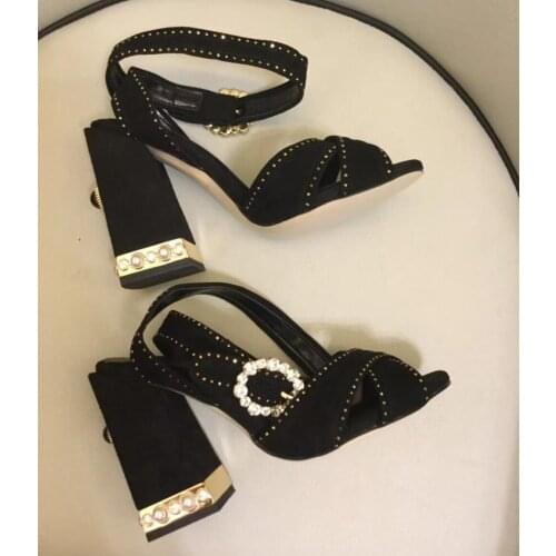 2018 summer suede leather diamonds buckle sandals Chic 10cm pearls thick heels gladiator shoes Fashion women party shoes BY490