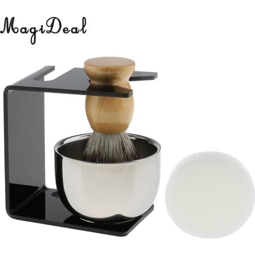 Magideal 4 in 1 Salon Bristle Hair Shaving Brush Mug Bowl Shave Stand Soap Facial Cleaning Brush Travel Set beard brush