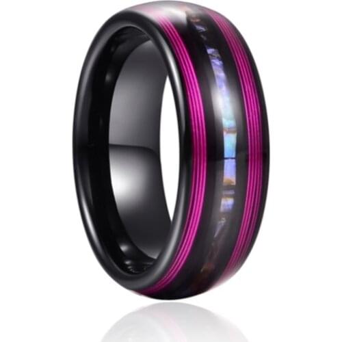 8mm Electric Black Inlaid Purple Guitar Strings Abalone Dome Tungsten Carbide Ring Mens Engagement Rings