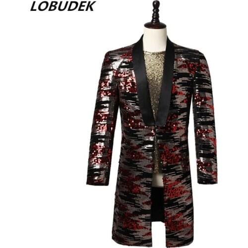 New Mens Patchwork Sequins Suit Jackets Evening Party Stage Singer Host Tuxedo Blazers Long Coat Punk Rock Performance Costume