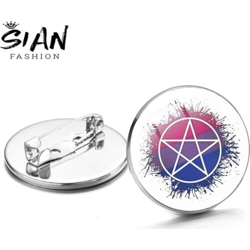SIAN Brooch Rainbow Bisexual Triple Goddess Symbol Glass Cabochon Pins Jewelry Double Color Metal Pins Rainbow Pentacle Trinket