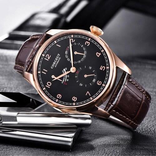 CORGEUT Rose Gold 42mm Automatic Men Wristwatch Power Reserve Date Indicator ST 1780 Movement