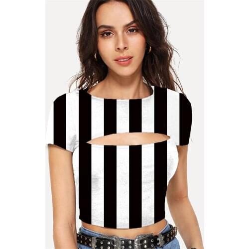 Somepet Stripe T shirt Women Black And White Hollow Out T shirts Harajuku T-shirts 3d Abstract Tshirts Casual Womens Clothing