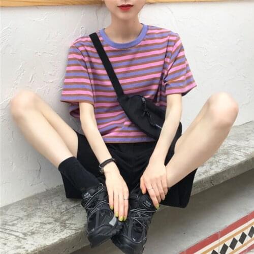 Japanese Striped Short Short-sleeved T-shirt Womens Summer Loose Korean Style Trendy Harajuku Style Hong Kong-style Top