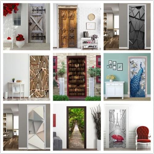 Geometric Line Library Door Stickers Home Decor Waterproof Wallpaper for Doors DIY Adhesive Poster Lving Room Design Mural Decal
