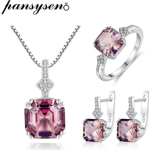PANSYSEN Bohemia Morganite Bridal Jewelry Set for Women Solid 925 Sterling Silver Wedding Necklace/Earrings/Ring Sets Wholesale