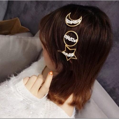 Korean Hair Barrettes Metal Moon Star Hairpin With Pearls Wedding Hair Clip For Women Girls Hair Styling Headdress Women Jewelry