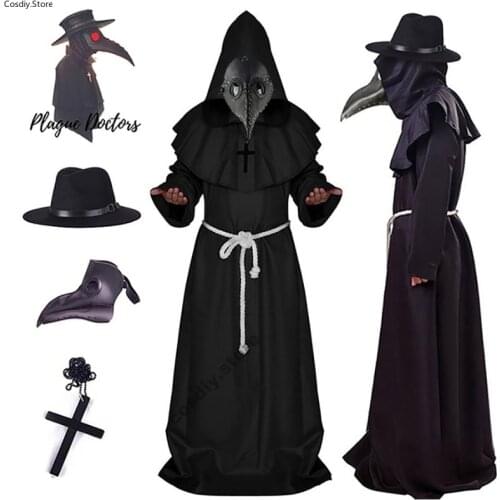 Halloween Plague Doctor Beak Costume Medieval Renaissance Scary Hood Minister Coat Outfit Carnival For Men Adult Robe Mask Hat