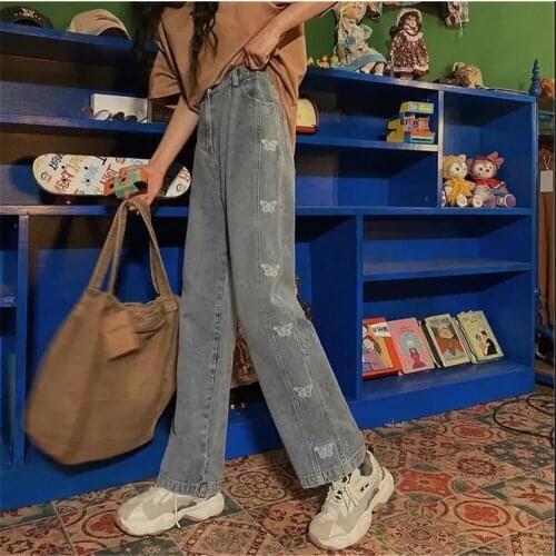Summer Kawaii Butterfely Pants Female Women Cute Jeans Boyfriend Women Loose Jeans High Waist Jeans Cool Stright Trousers Girl