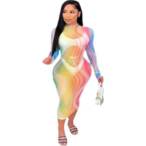 Tie Dye Summer Dresses For Women Clothing 2021 New Arrival Mesh Sheer Long Sleeve Holiday Party And Wedding Gowns Wholesale