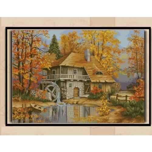 Luca-s 481 fall waterside mill 77-57 cross stitch kit aida fabric 18ct 14ct canvas cotton thread embroidery kits