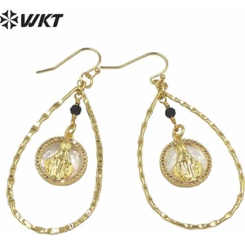 ME080 Wholesale original drop earring round shell Virgin Mary charm earrings big size waterdrop ring dangle earrings