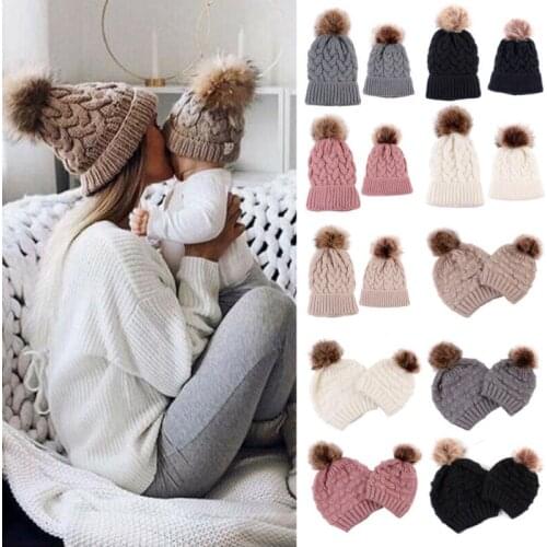 Cute Kids Girls Hats Mother Daughter Warm Knitted Hat Family Matching Children Hats and Caps Winter Newborn Baby Hat Beanie Caps