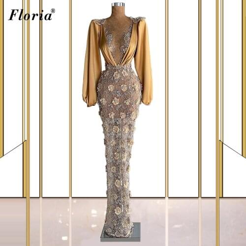 Muslim Flowers Evening Dresses Mermaid Long Sleeves Evening Gowns Arabic Plus Size Celebrity Runaway Dresses вечернее платье