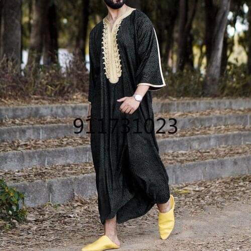 Men Islamic Arabic Kaftan Muslim Clothing Long Sleeve Patchwork Abaya Robes Fashion Saudi Arabia Dubai Mens Jubba Thobe