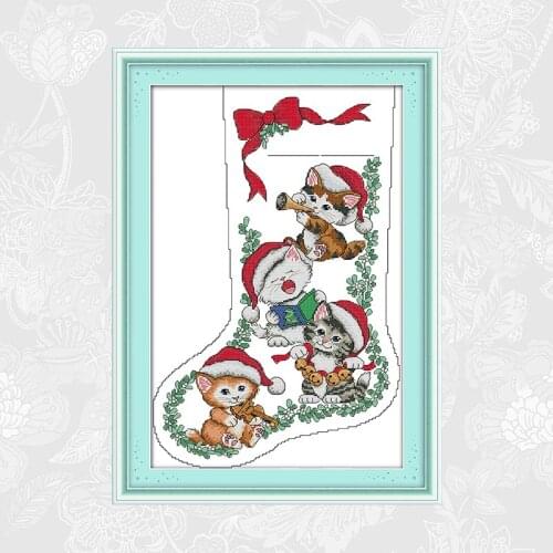 Cross Stitch Pattern Kitten Christmas Stocking Printed on Canvas DMC 11CT 14CT Embroidery Needlework Sets Cross Stitch Kits
