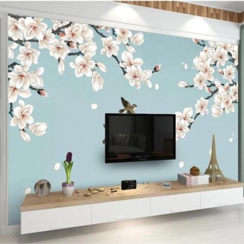 Beibehang Custom wallpaper 3d mural magnolia hand-painted pen and flower new Chinese TV background wallpaper decoration painting
