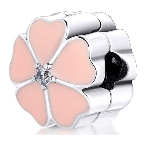 Fits for Pandora Charms Bracelets Primrose Clip Beads with Pink Enamel 100% 925 Sterling Silver Jewelry Free Shipping