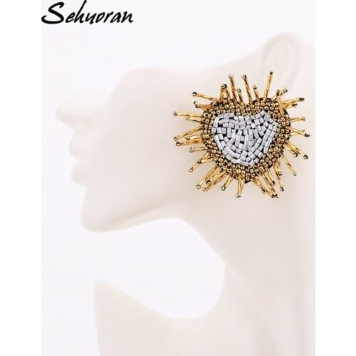 Sehuoran Stud Earrings For Women Bohemian Heart Glass Beads Handmade Oorbellen Fashion Jewelry Aretes brincos Women Earrings