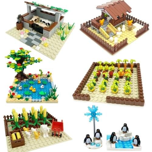Pig Farm Animals Trees Plants Building Blocks MOC Chicken Coop Vegetable Field Pumpkin Carrot Tomatoes Planting For Kids Gift
