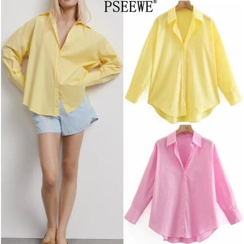 PSEEWE Za Top Woman Yellow Button Up Shirt Women Long Sleeve Spring 2021 Office Blouse Female Asymmetric Hem Chic Pink Shirt