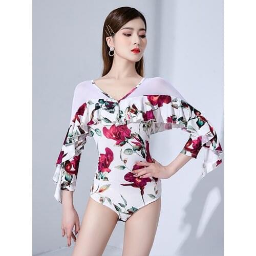 Printing V-Ncek Latin Dance Leotard Mesh Stitching Modern Tango Dancing Performance Costume Women Waltz Competition Wear YS1856